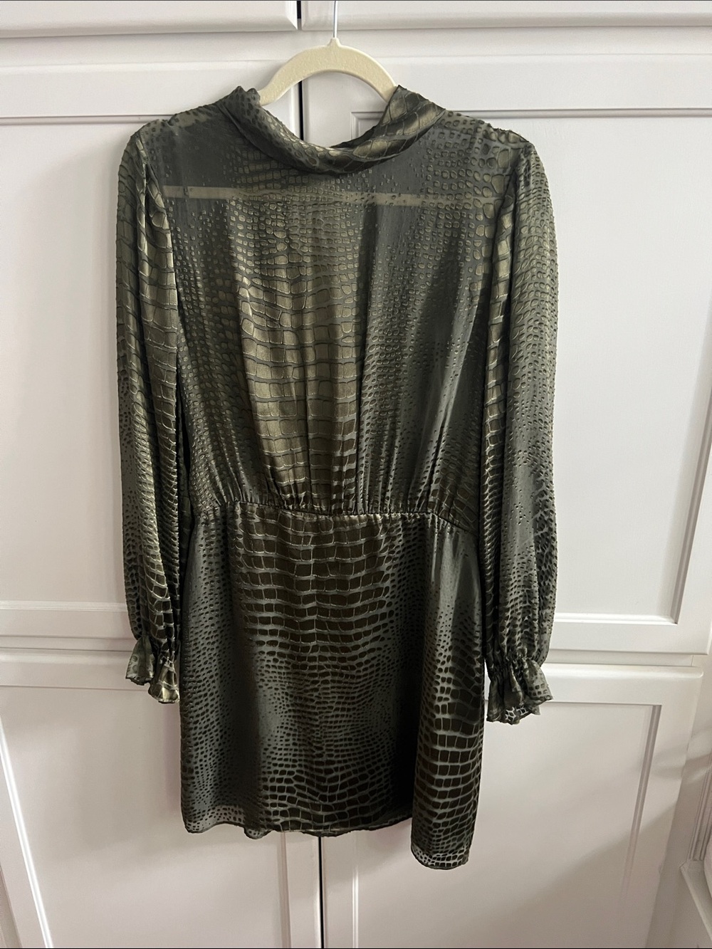 Reiss Olive Satin Long-Sleeve Animal-Print Mini Dress